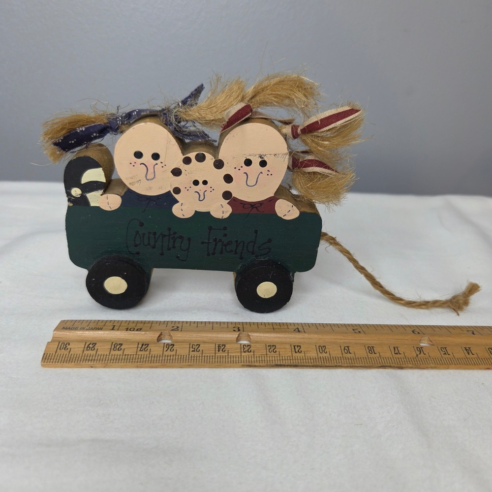 Vintage Country Friends Rustic Wood Wagon Shelf Sitter Folk Art Decor